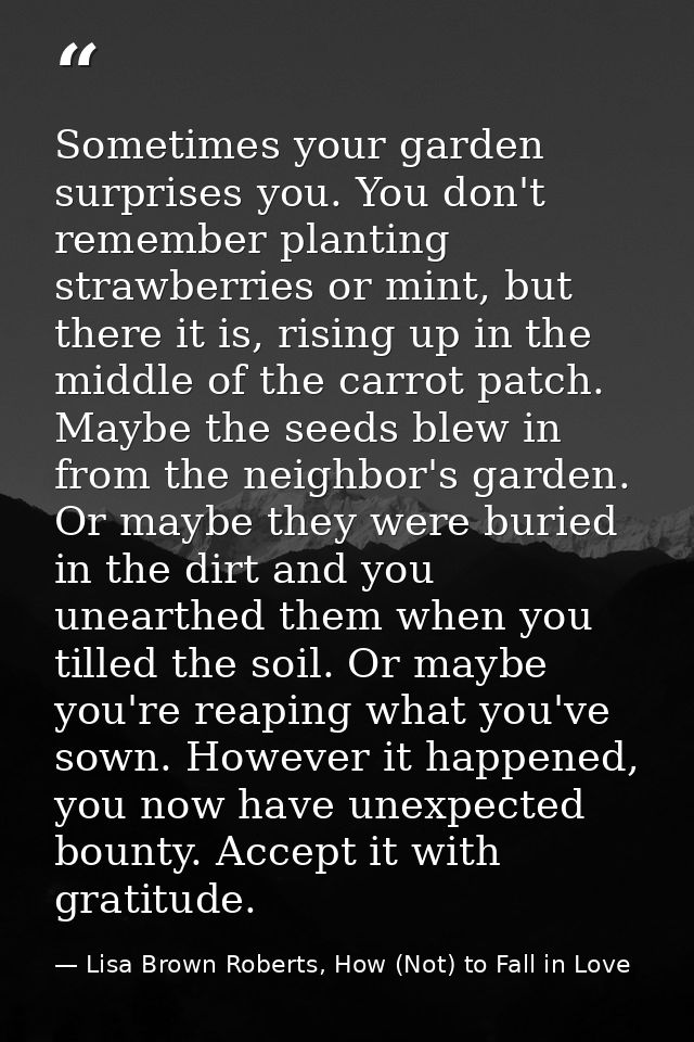 Sometimes your garden surprises you. You don't remember planting strawberries or mint, but there it is, rising up in the — Lisa Brown Roberts, How (Not) to Fall in Love