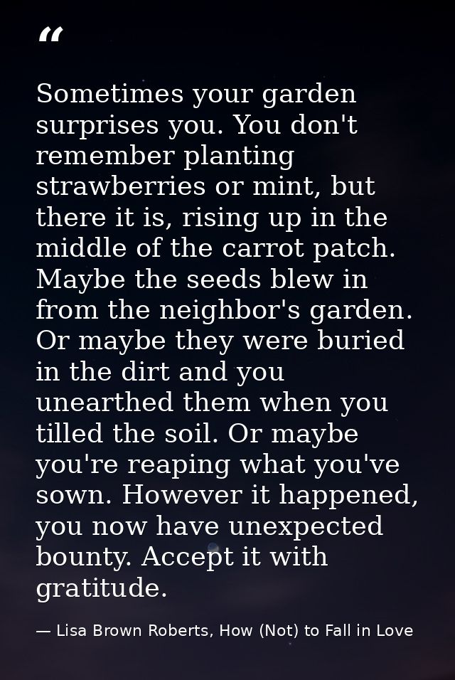 Sometimes your garden surprises you. You don't remember planting strawberries or mint, but there it is, rising up in the — Lisa Brown Roberts, How (Not) to Fall in Love