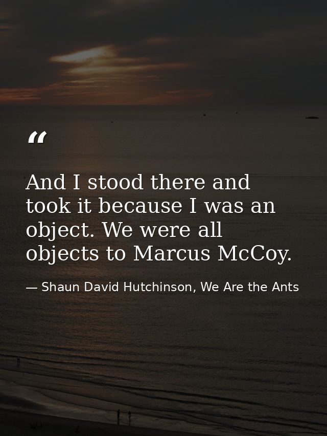 And I stood there and took it because I was an object. We were all objects to Marcus McCoy. — Shaun David Hutchinson, We Are the Ants