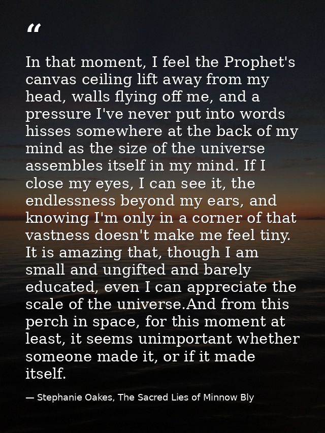 In that moment, I feel the Prophet's canvas ceiling lift away from my head, walls flying off me, and a pressure I've nev — Stephanie Oakes, The Sacred Lies of Minnow Bly
