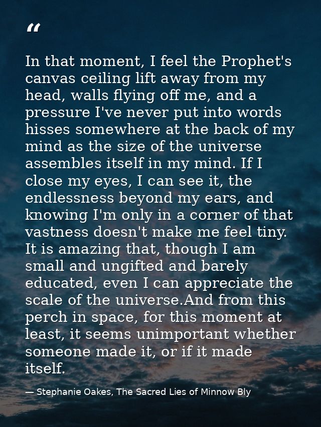 In that moment, I feel the Prophet's canvas ceiling lift away from my head, walls flying off me, and a pressure I've nev — Stephanie Oakes, The Sacred Lies of Minnow Bly