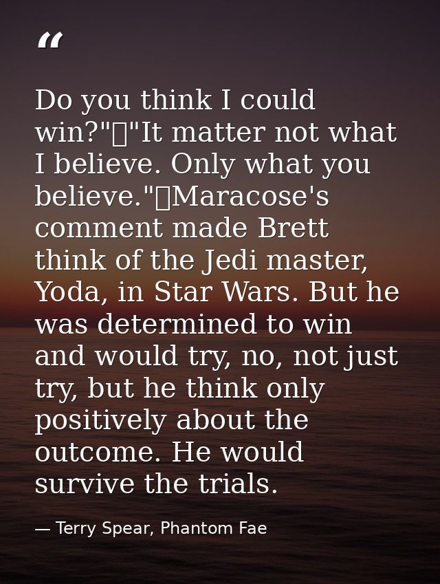 Do you think I could win?"	"It matter not what I believe. Only what you believe."	Maracose's comment made Brett think of — Terry Spear, Phantom Fae