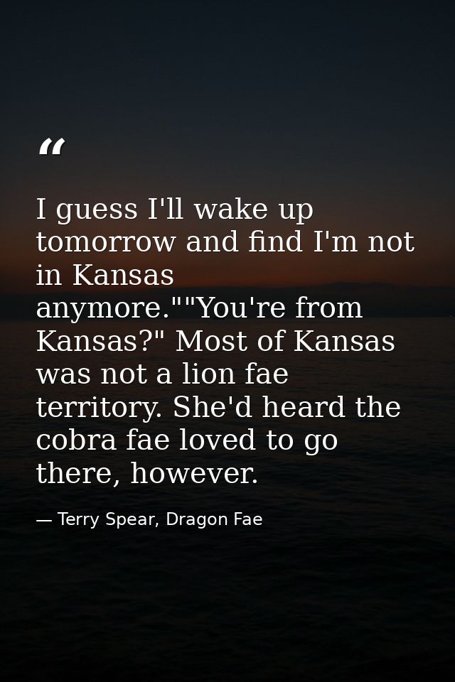 I guess I'll wake up tomorrow and find I'm not in Kansas anymore.""You're from Kansas?" Most of Kansas was not a lion fa — Terry Spear, Dragon Fae