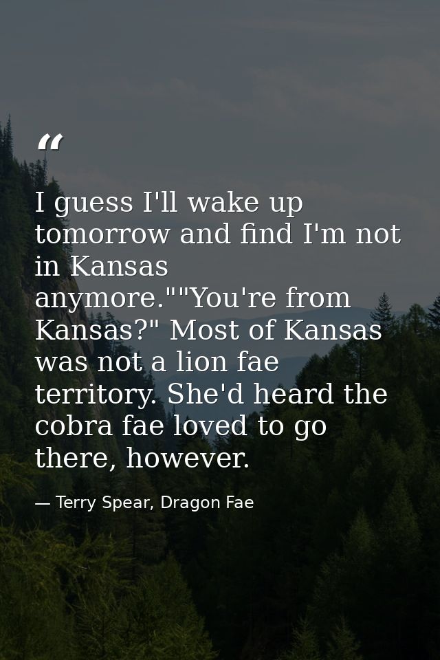 I guess I'll wake up tomorrow and find I'm not in Kansas anymore.""You're from Kansas?" Most of Kansas was not a lion fa — Terry Spear, Dragon Fae