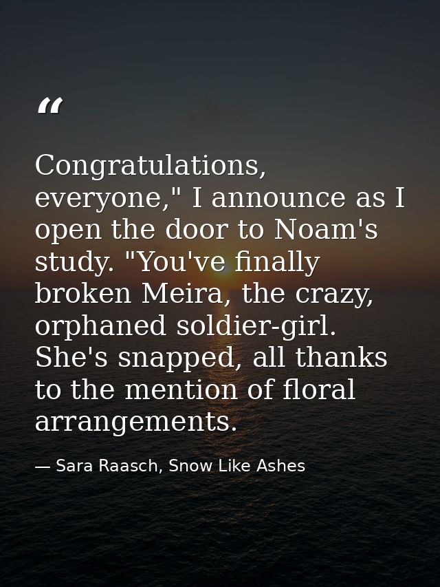 Congratulations, everyone," I announce as I open the door to Noam's study. "You've finally broken Meira, the crazy, orph — Sara Raasch, Snow Like Ashes