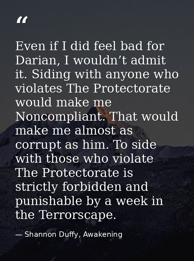 Even if I did feel bad for Darian, I wouldn’t admit it. Siding with anyone who violates The Protectorate would make me N — Shannon Duffy, Awakening