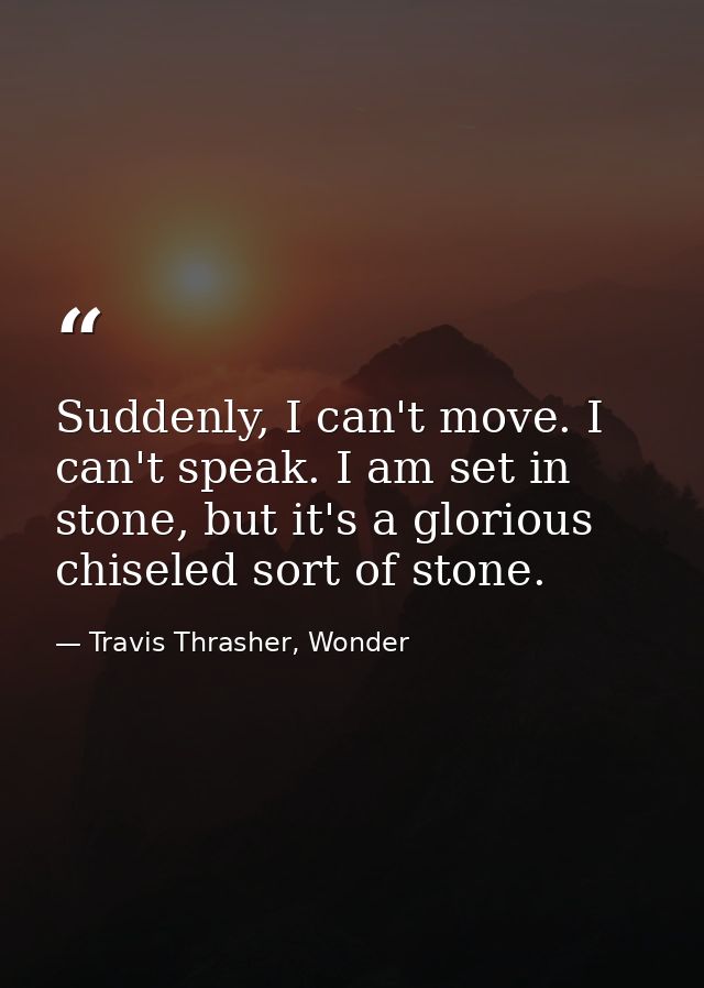 Suddenly, I can't move. I can't speak. I am set in stone, but it's a glorious chiseled sort of stone. — Travis Thrasher, Wonder