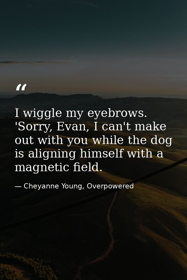 I wiggle my eyebrows. 'Sorry, Evan, I can't make out with you while the dog is aligning himself with a magnetic field. — Cheyanne Young, Overpowered