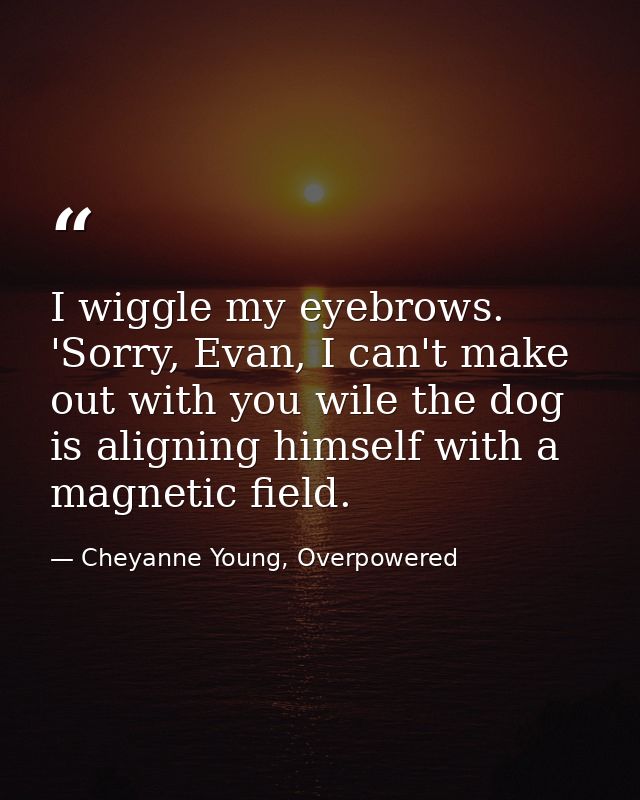 I wiggle my eyebrows. 'Sorry, Evan, I can't make out with you wile the dog is aligning himself with a magnetic field. — Cheyanne Young, Overpowered