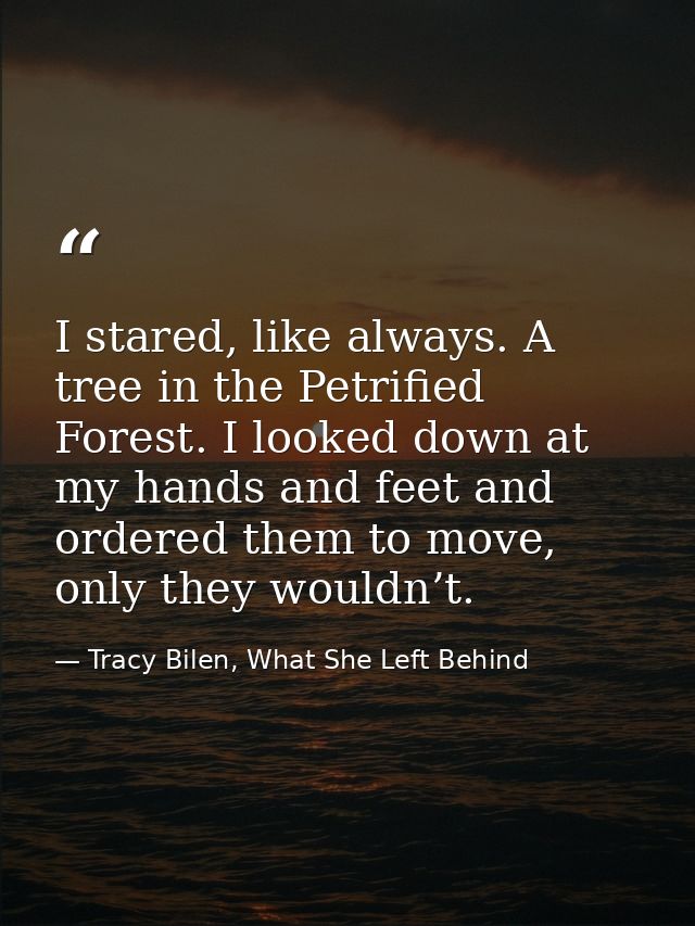 I stared, like always. A tree in the Petrified Forest. I looked down at my hands and feet and ordered them to move, only — Tracy Bilen, What She Left Behind