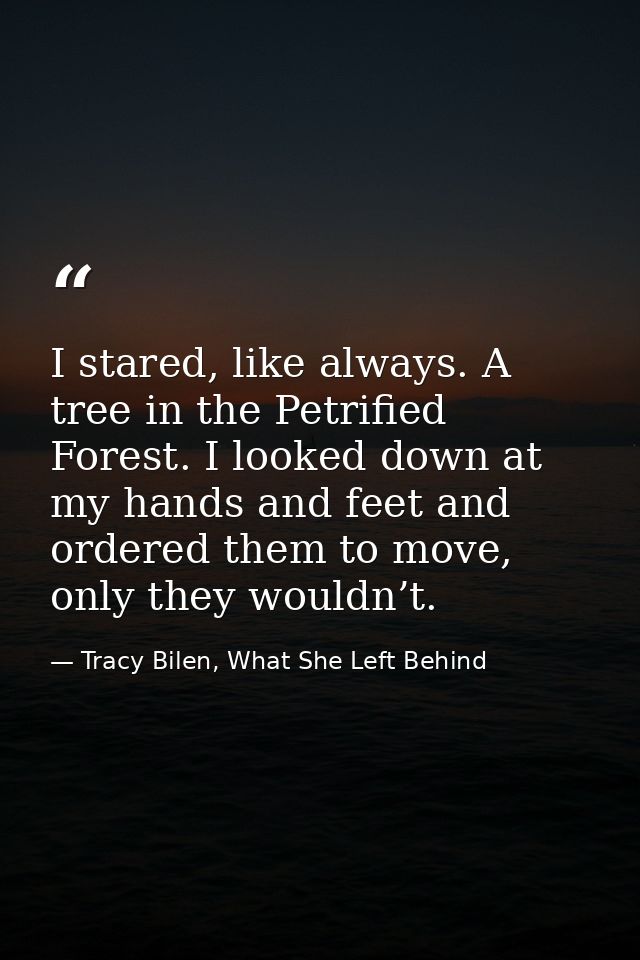 I stared, like always. A tree in the Petrified Forest. I looked down at my hands and feet and ordered them to move, only — Tracy Bilen, What She Left Behind