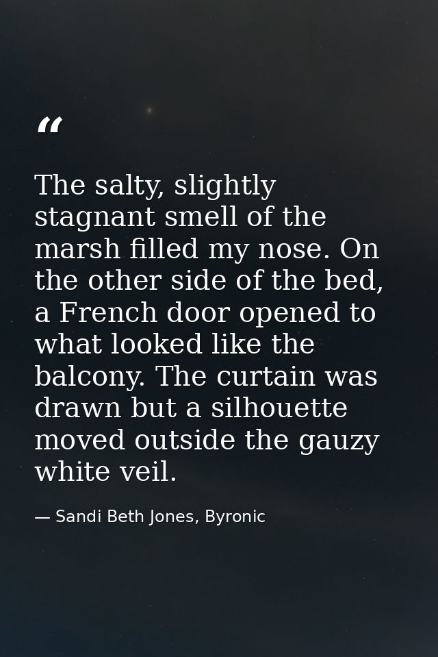 The salty, slightly stagnant smell of the marsh filled my nose. On the other side of the bed, a French door opened to wh — Sandi Beth Jones, Byronic