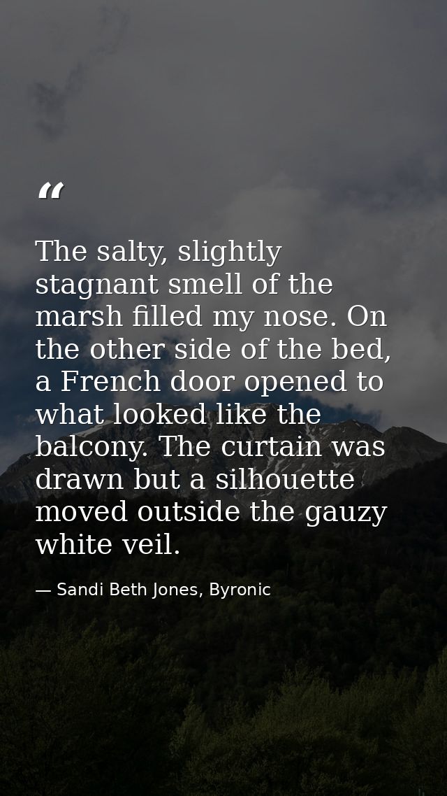 The salty, slightly stagnant smell of the marsh filled my nose. On the other side of the bed, a French door opened to wh — Sandi Beth Jones, Byronic