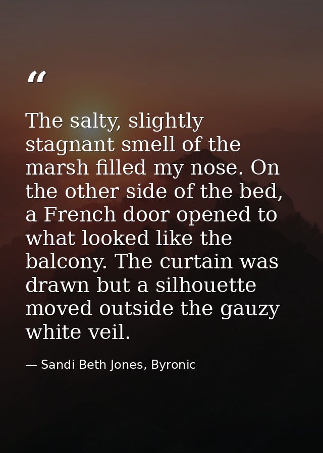 The salty, slightly stagnant smell of the marsh filled my nose. On the other side of the bed, a French door opened to wh — Sandi Beth Jones, Byronic