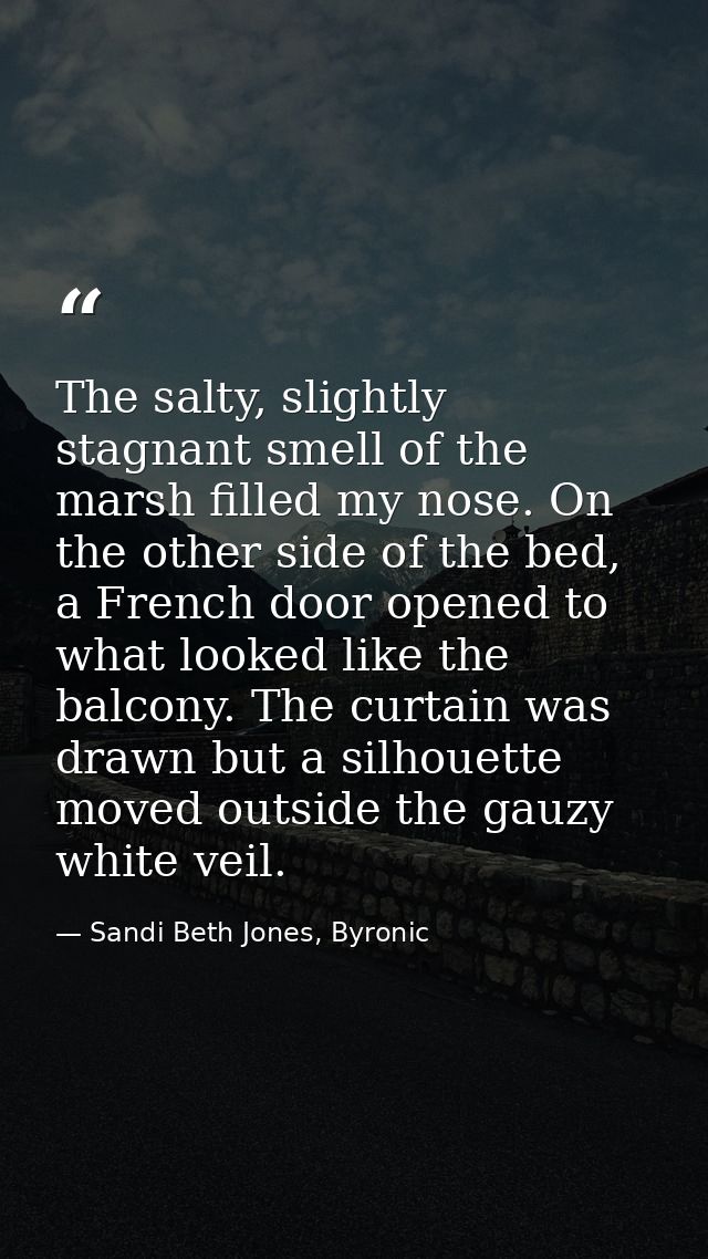 The salty, slightly stagnant smell of the marsh filled my nose. On the other side of the bed, a French door opened to wh — Sandi Beth Jones, Byronic