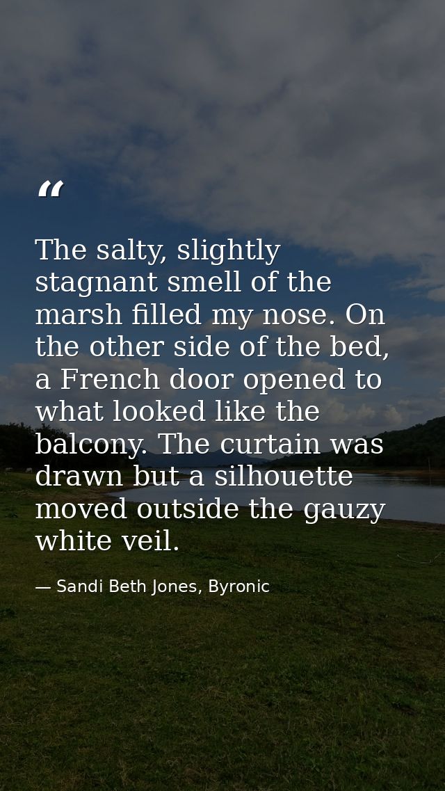 The salty, slightly stagnant smell of the marsh filled my nose. On the other side of the bed, a French door opened to wh — Sandi Beth Jones, Byronic