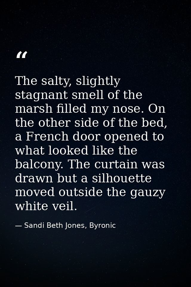 The salty, slightly stagnant smell of the marsh filled my nose. On the other side of the bed, a French door opened to wh — Sandi Beth Jones, Byronic