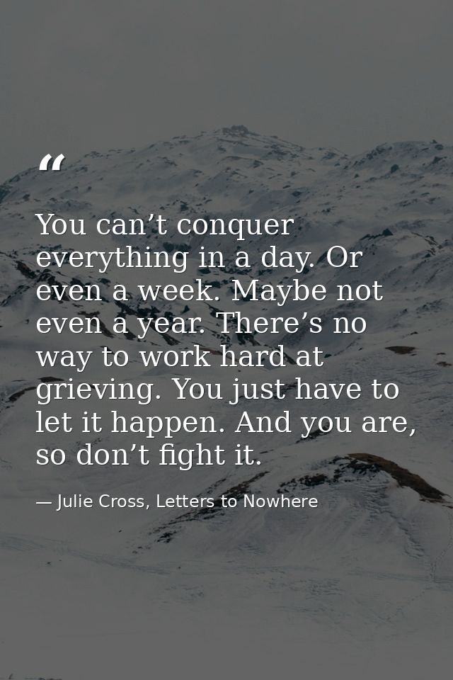 You can’t conquer everything in a day. Or even a week. Maybe not even a year. There’s no way to work hard at grieving. Y — Julie Cross, Letters to Nowhere