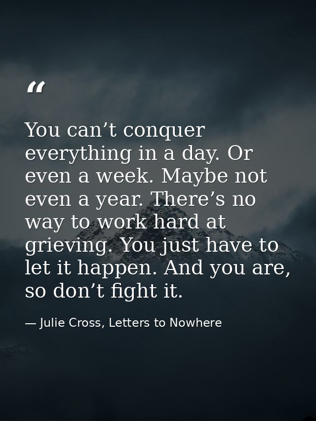 You can’t conquer everything in a day. Or even a week. Maybe not even a year. There’s no way to work hard at grieving. Y — Julie Cross, Letters to Nowhere