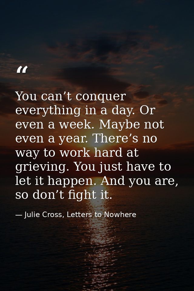 You can’t conquer everything in a day. Or even a week. Maybe not even a year. There’s no way to work hard at grieving. Y — Julie Cross, Letters to Nowhere