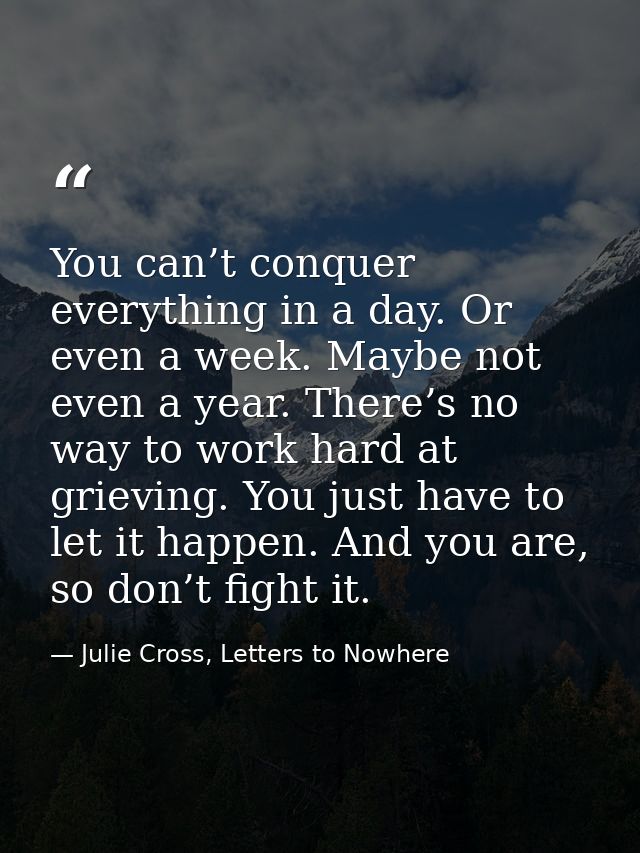 You can’t conquer everything in a day. Or even a week. Maybe not even a year. There’s no way to work hard at grieving. Y — Julie Cross, Letters to Nowhere