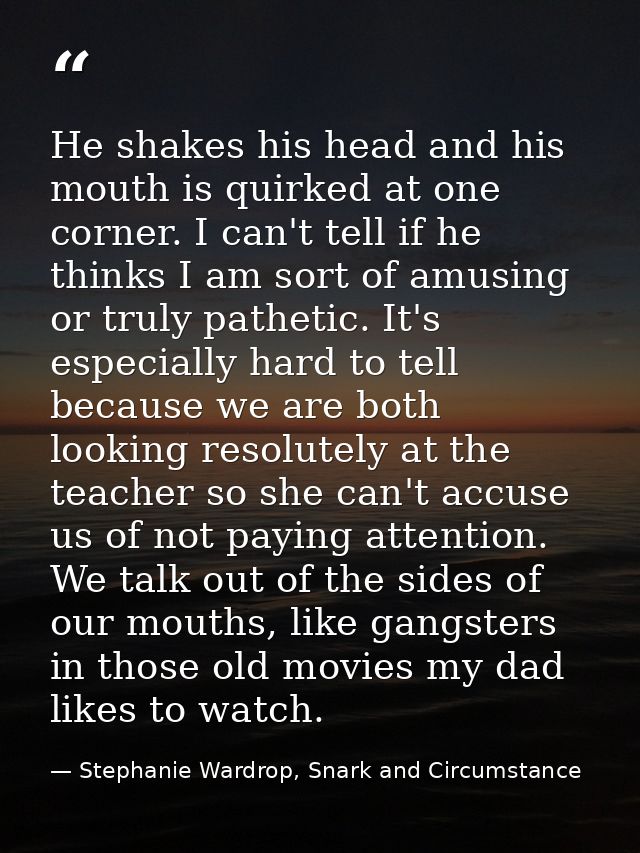 He shakes his head and his mouth is quirked at one corner. I can't tell if he thinks I am sort of amusing or truly pathe — Stephanie Wardrop, Snark and Circumstance