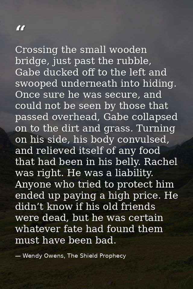 Crossing the small wooden bridge, just past the rubble, Gabe ducked off to the left and swooped underneath into hiding.  — Wendy Owens, The Shield Prophecy