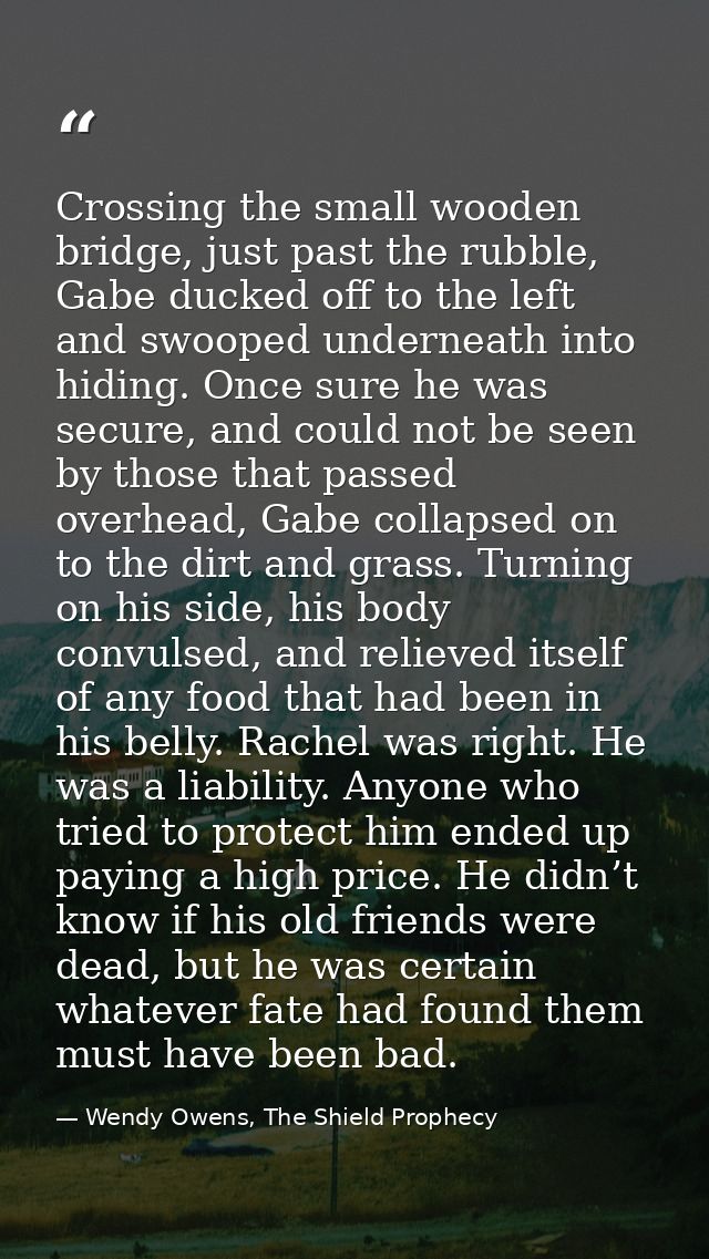 Crossing the small wooden bridge, just past the rubble, Gabe ducked off to the left and swooped underneath into hiding.  — Wendy Owens, The Shield Prophecy