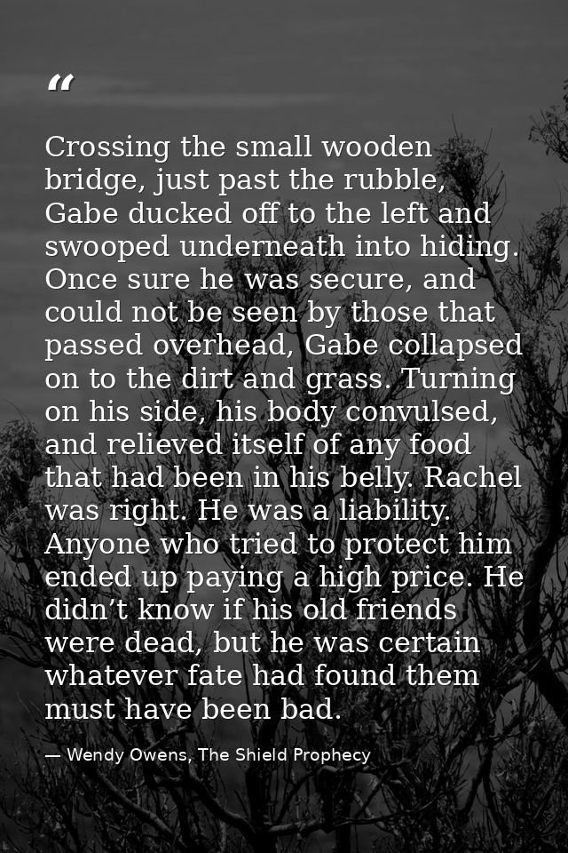 Crossing the small wooden bridge, just past the rubble, Gabe ducked off to the left and swooped underneath into hiding.  — Wendy Owens, The Shield Prophecy