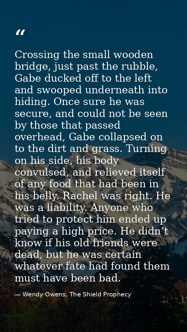 Crossing the small wooden bridge, just past the rubble, Gabe ducked off to the left and swooped underneath into hiding.  — Wendy Owens, The Shield Prophecy