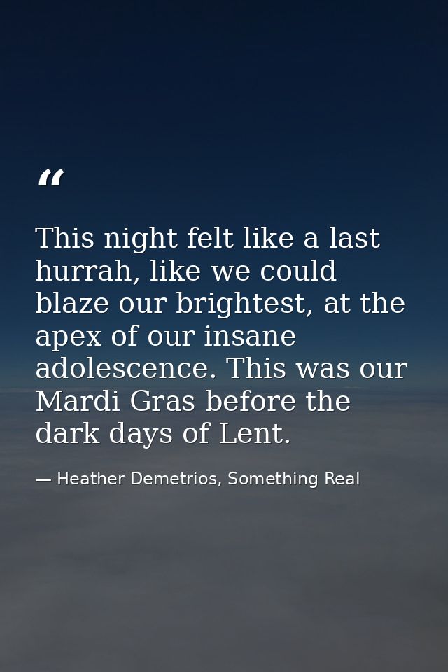 This night felt like a last hurrah, like we could blaze our brightest, at the apex of our insane adolescence. This was o — Heather Demetrios, Something Real