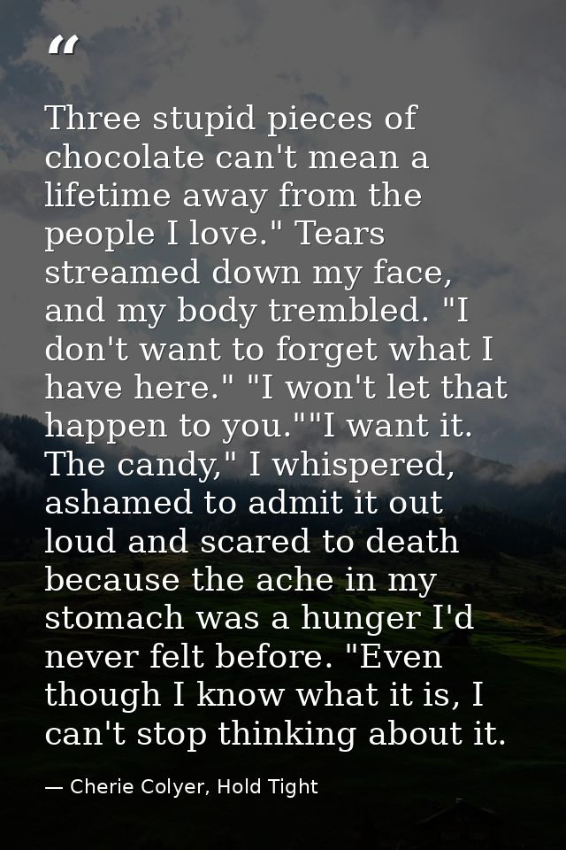 Three stupid pieces of chocolate can't mean a lifetime away from the people I love." Tears streamed down my face, and my — Cherie Colyer, Hold Tight