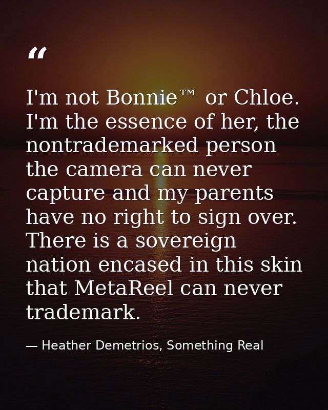 I'm not Bonnie™ or Chloe. I'm the essence of her, the nontrademarked person the camera can never capture and my parents  — Heather Demetrios, Something Real