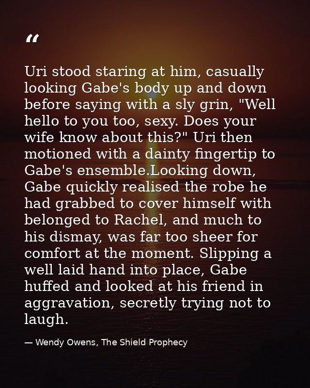 Uri stood staring at him, casually looking Gabe's body up and down before saying with a sly grin, "Well hello to you too — Wendy Owens, The Shield Prophecy