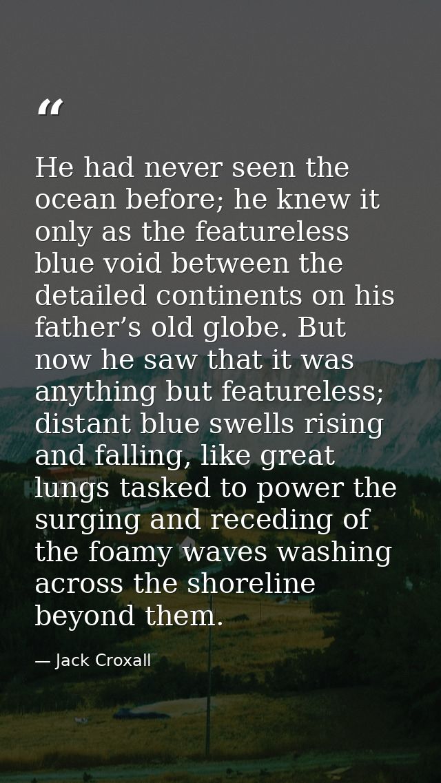 He had never seen the ocean before; he knew it only as the featureless blue void between the detailed continents on his  — Jack Croxall