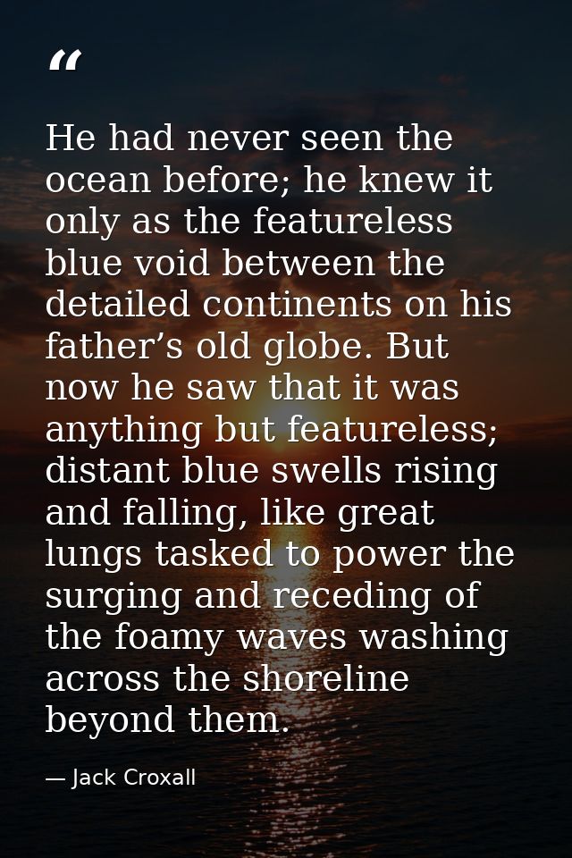 He had never seen the ocean before; he knew it only as the featureless blue void between the detailed continents on his  — Jack Croxall