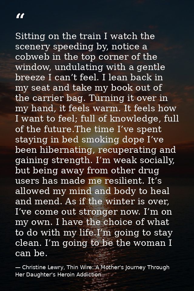 Sitting on the train I watch the scenery speeding by, notice a cobweb in the top corner of the window, undulating with a — Christine Lewry, Thin Wire: A Mother's Journey Through Her Daughter's Heroin Addiction