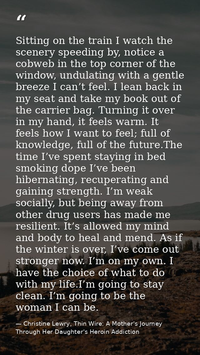 Sitting on the train I watch the scenery speeding by, notice a cobweb in the top corner of the window, undulating with a — Christine Lewry, Thin Wire: A Mother's Journey Through Her Daughter's Heroin Addiction