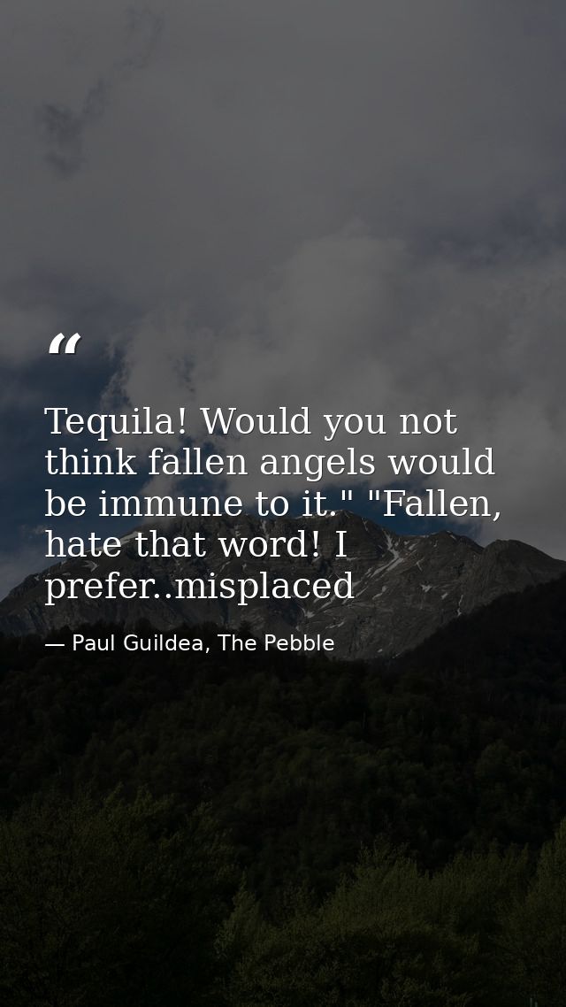 Tequila! Would you not think fallen angels would be immune to it." "Fallen, hate that word! I prefer..misplaced — Paul Guildea, The Pebble