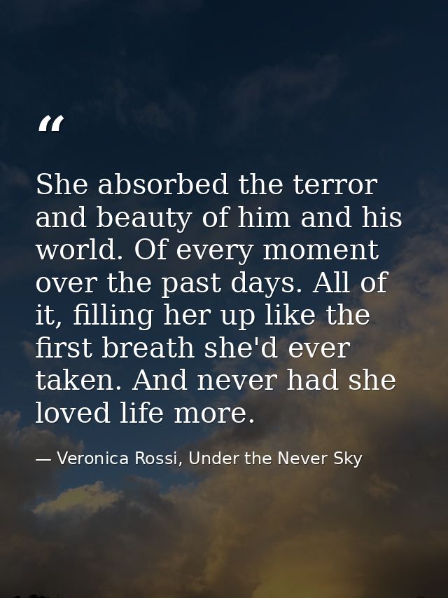 She absorbed the terror and beauty of him and his world. Of every moment over the past days. All of it, filling her up l — Veronica Rossi, Under the Never Sky
