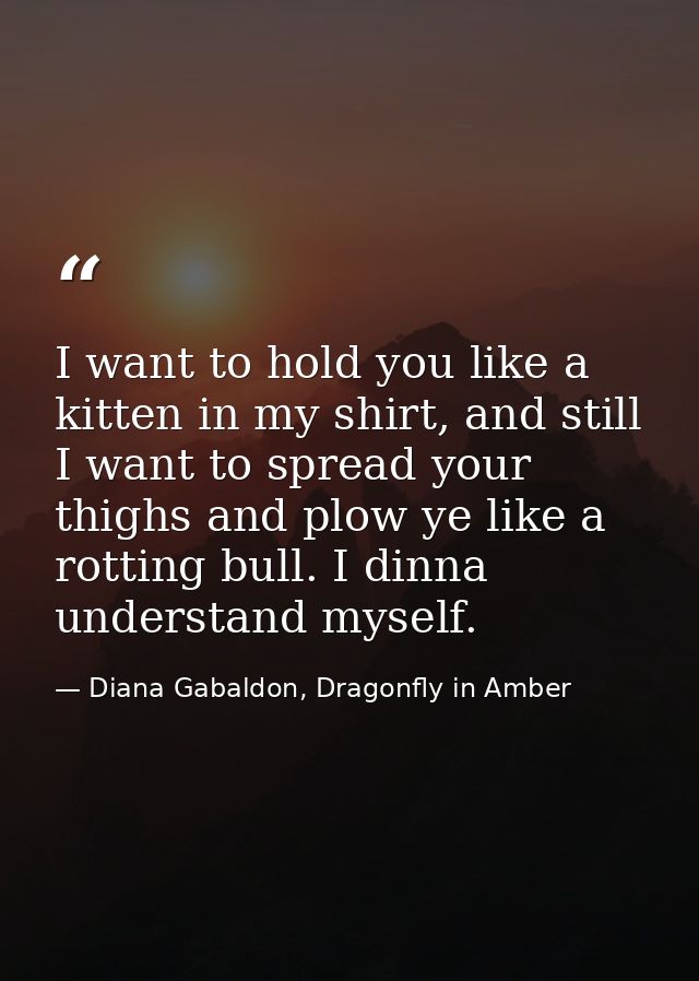 I want to hold you like a kitten in my shirt, and still I want to spread your thighs and plow ye like a rotting bull. I  — Diana Gabaldon, Dragonfly in Amber