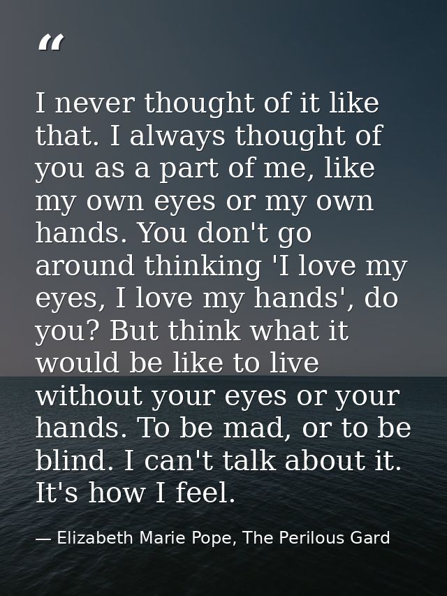 I never thought of it like that. I always thought of you as a part of me, like my own eyes or my own hands. You don't go — Elizabeth Marie Pope, The Perilous Gard