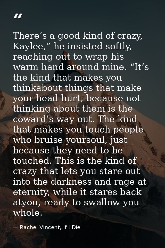 There’s a good kind of crazy, Kaylee,” he insisted softly, reaching out to wrap his warm hand around mine. “It’s the kin — Rachel Vincent, If I Die