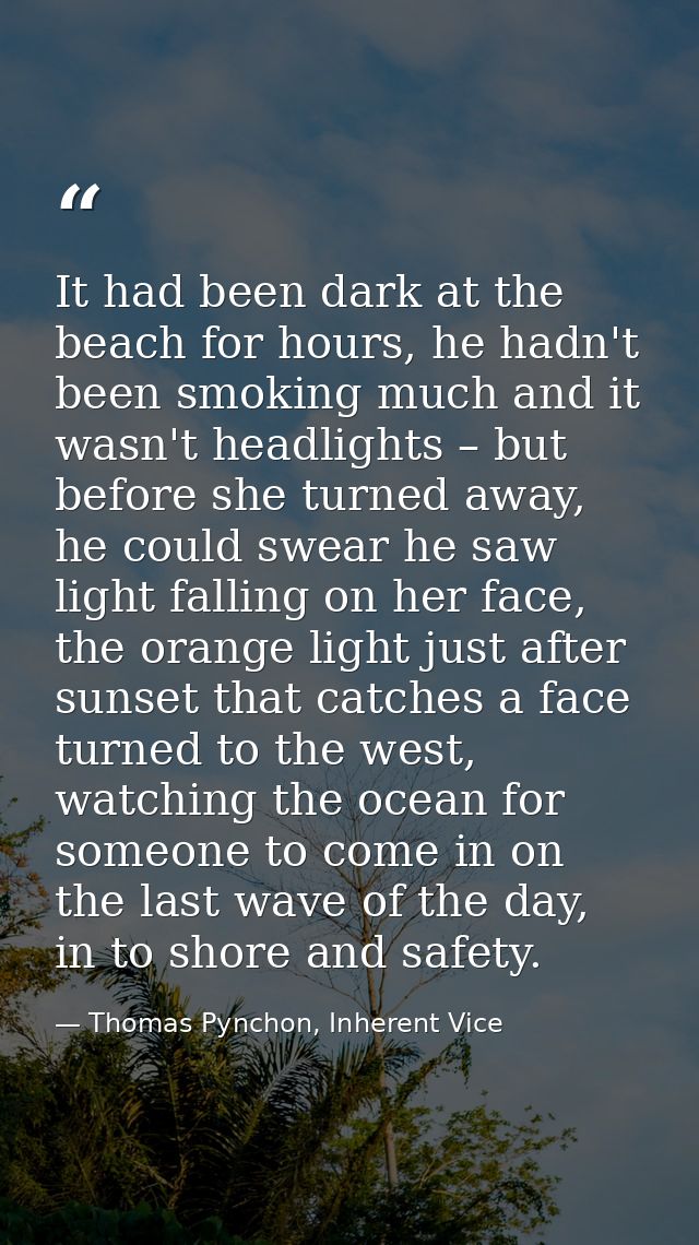 It had been dark at the beach for hours, he hadn't been smoking much and it wasn't headlights – but before she turned aw — Thomas Pynchon, Inherent Vice