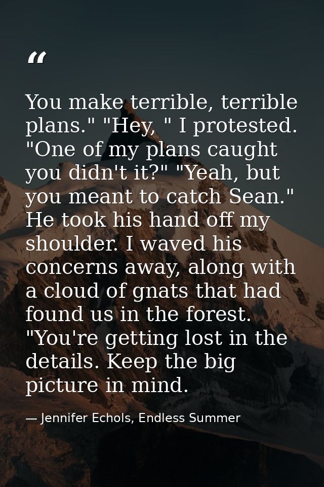 You make terrible, terrible plans." "Hey, " I protested. "One of my plans caught you didn't it?" "Yeah, but you meant to — Jennifer Echols, Endless Summer