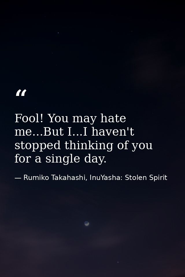 Fool! You may hate me...But I...I haven't stopped thinking of you for a single day. — Rumiko Takahashi, InuYasha: Stolen Spirit