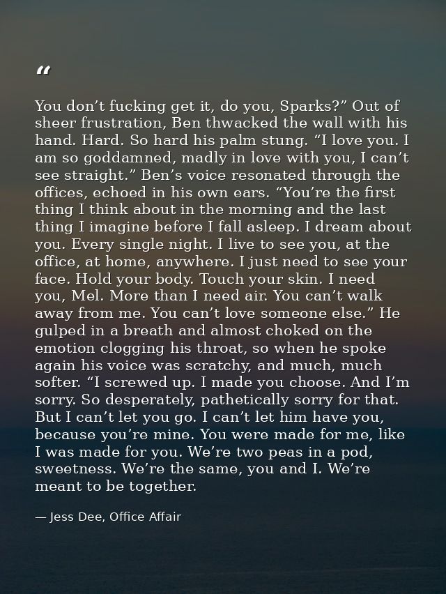 You don’t fucking get it, do you, Sparks?” Out of sheer frustration, Ben thwacked the wall with his hand. Hard. So hard  — Jess Dee, Office Affair