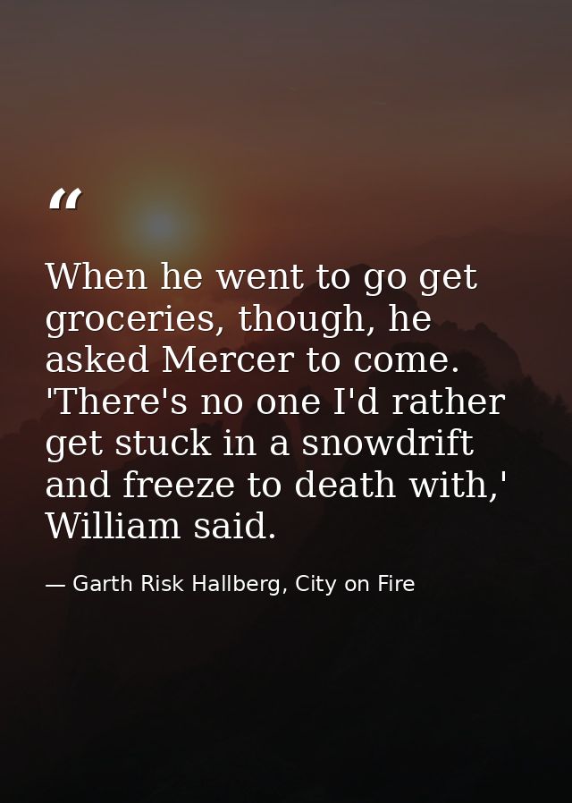When he went to go get groceries, though, he asked Mercer to come. 'There's no one I'd rather get stuck in a snowdrift a — Garth Risk Hallberg, City on Fire