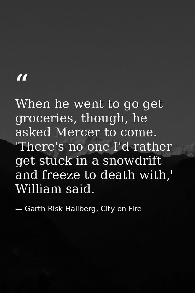 When he went to go get groceries, though, he asked Mercer to come. 'There's no one I'd rather get stuck in a snowdrift a — Garth Risk Hallberg, City on Fire