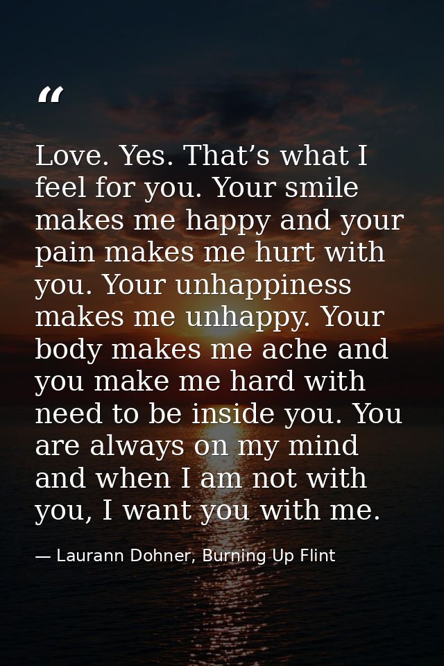 Love. Yes. That’s what I feel for you. Your smile makes me happy and your pain makes me hurt with you. Your unhappiness  — Laurann Dohner, Burning Up Flint